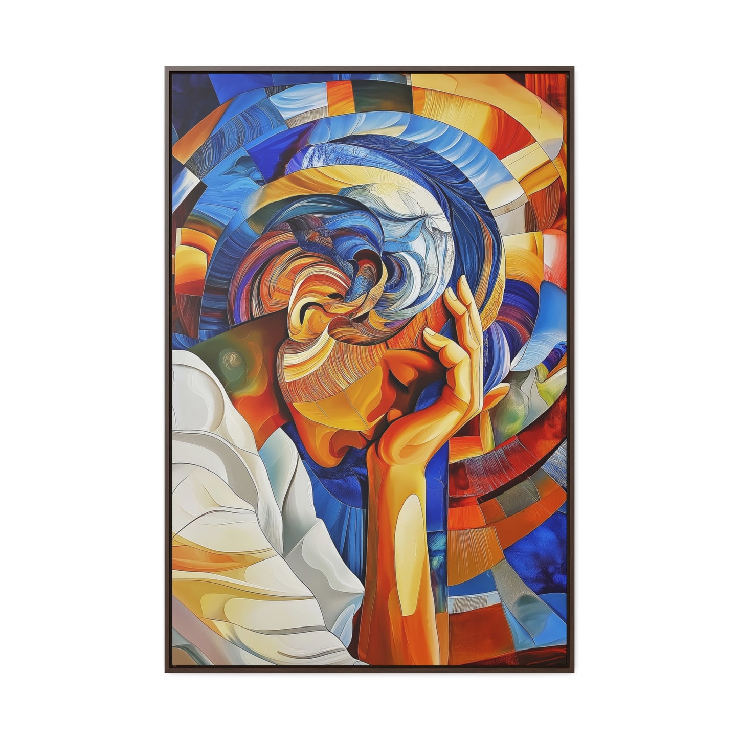 Abstract Person Resting Head Canvas Wrap, Vibrant Swirling Geometric Shapes, Thought-Provoking Artwork, Wall Decor, Home Office Decor,